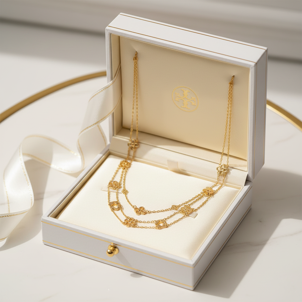 Tory Burch Double-Chain Layer Charm Necklace - Luxury Gift Box