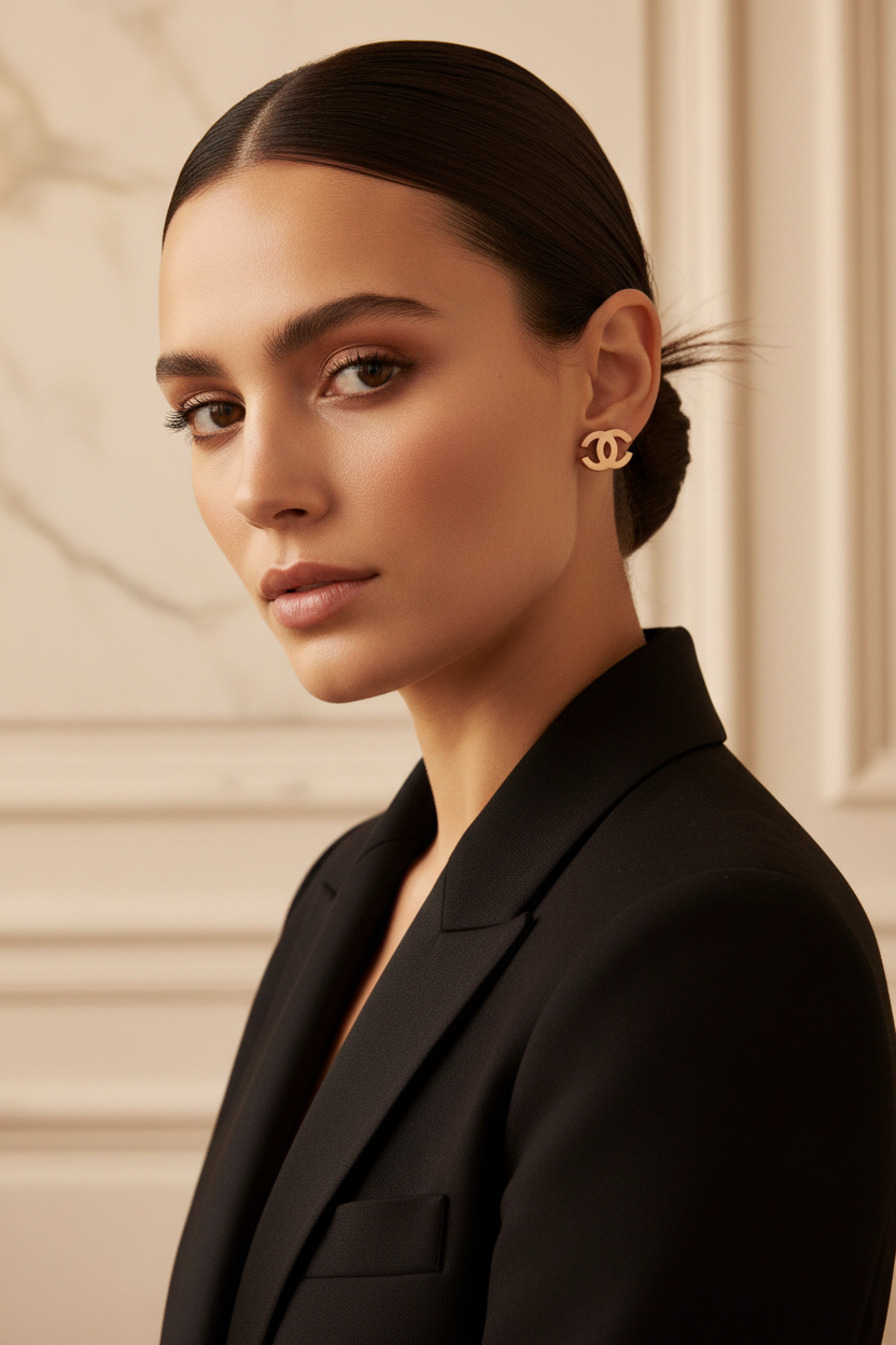 Chanel CC Rose Gold Stud Earrings worn with sleek low bun