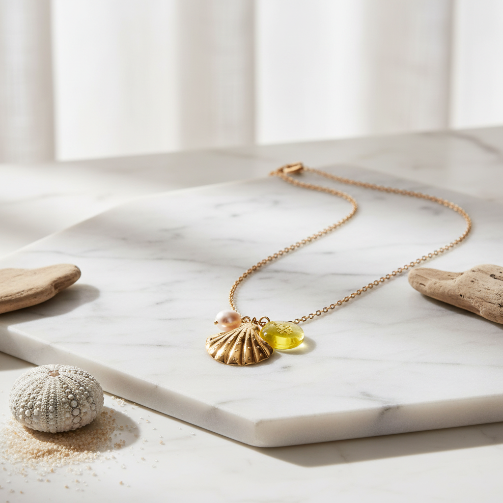 Tory Burch Sea of Dreams Shell Pendant Necklace - marble surface