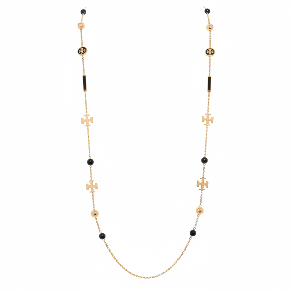 Tory Burch Kira Scattered Rosary Necklace in Tory Gold / Black – clean product shot