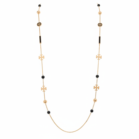 Tory Burch Kira Scattered Rosary Necklace in Tory Gold / Black – clean product shot