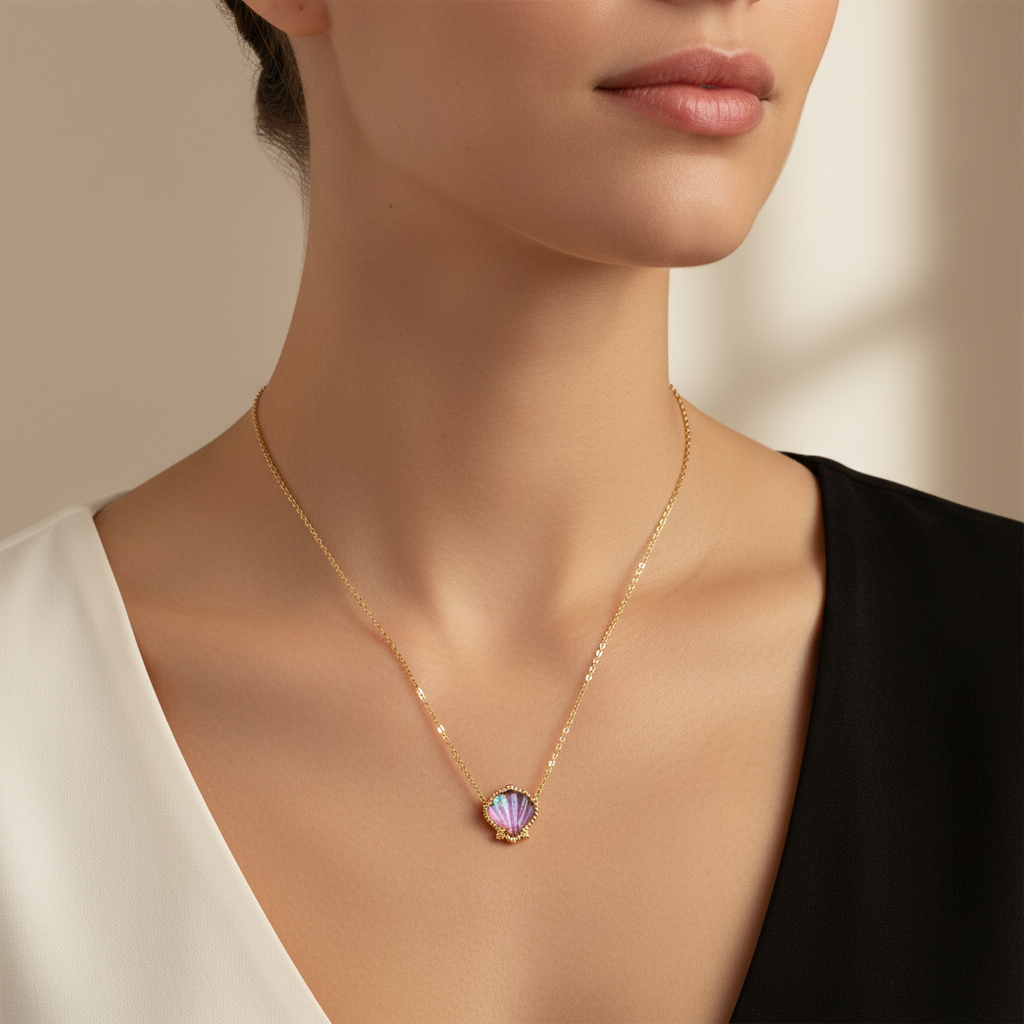 Kendra Scott Brynn Shell Gold Short Necklace in Purple Abalone Illusion - lifestyle on neckline