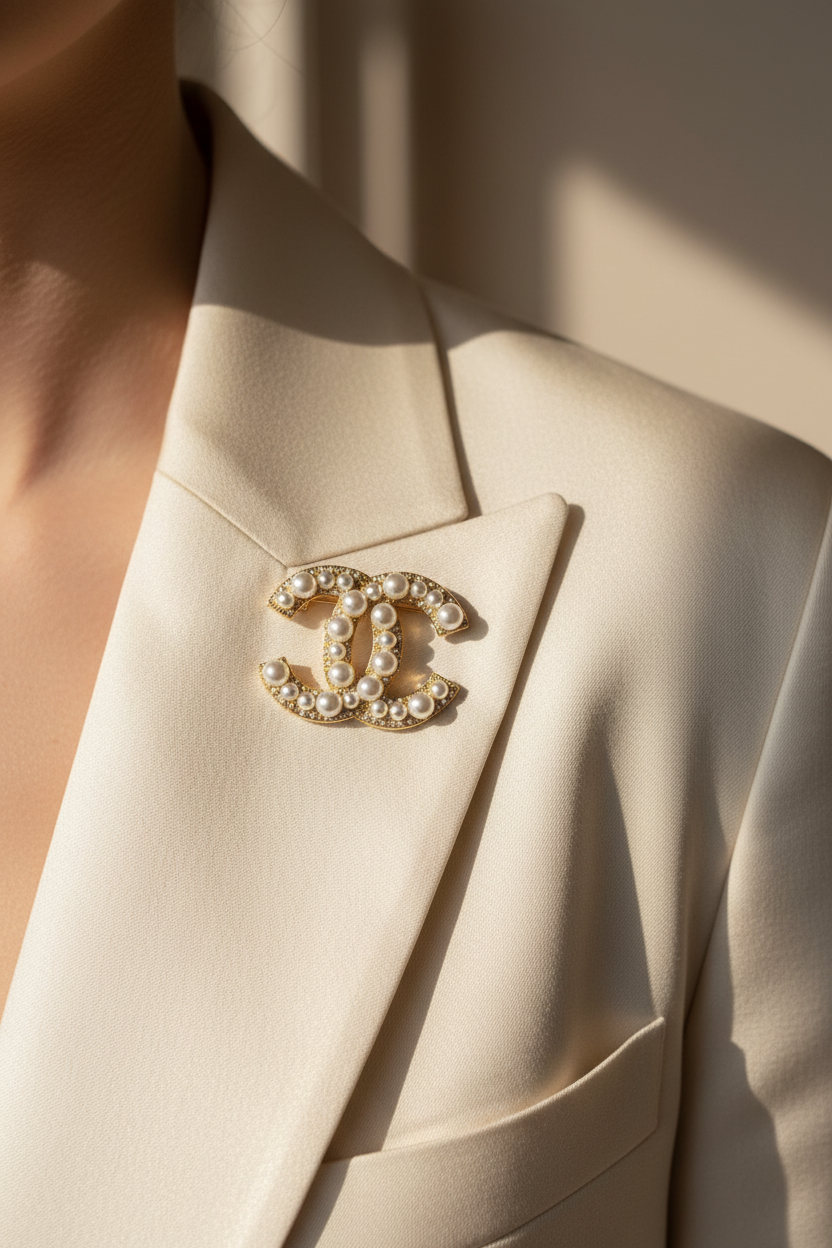 Chanel CC Logo Pearl Brooch Gold Tone on blazer lapel