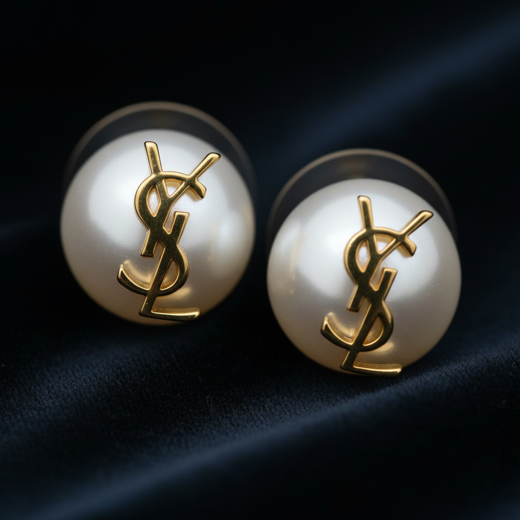 YSL Pearl Logo Stud Earrings - Macro Detail