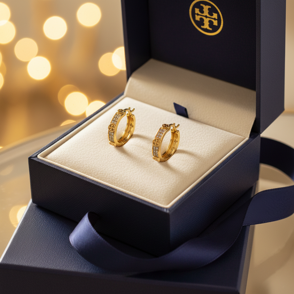 Tory Burch Double Pavé & Gold Hoop Earrings with Logo