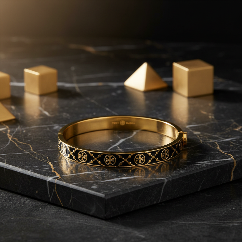 Tory Burch Double T Monogram Hinge Bangle - black marble styled