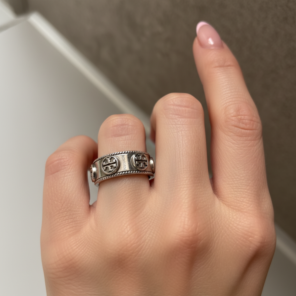 Tory Burch Milgrain Logo Ring - on model