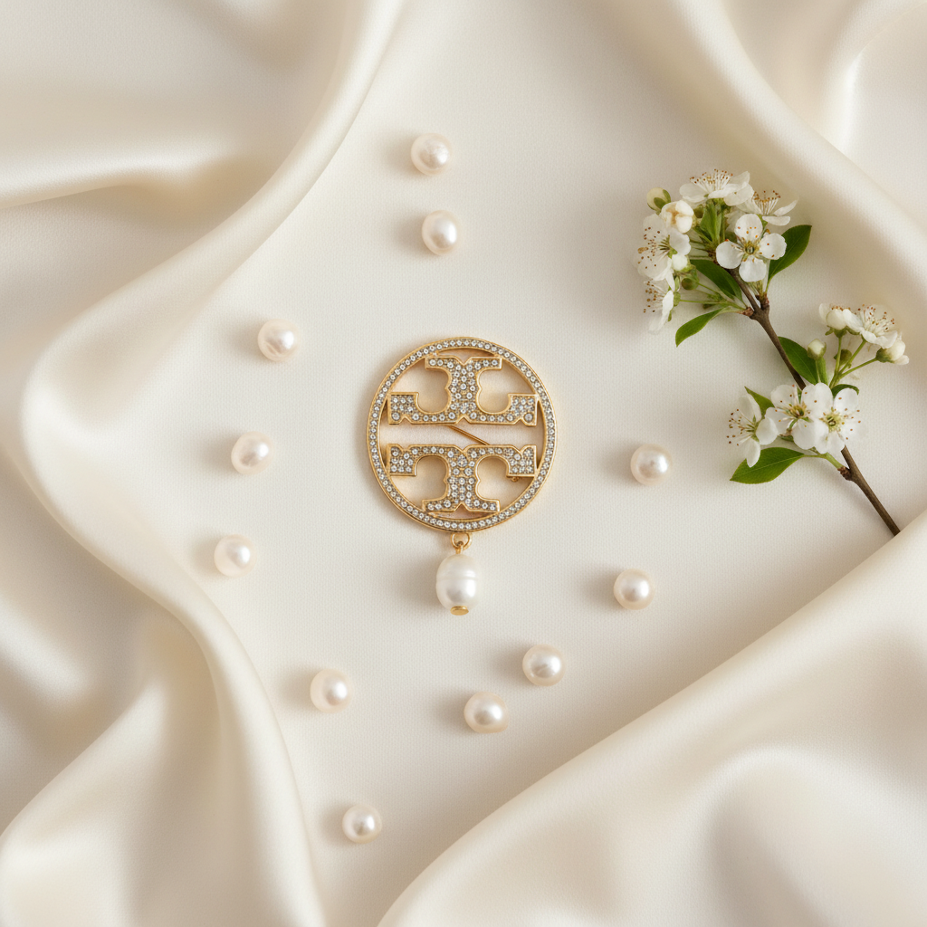 Tory Burch Miller Pave Brooch flat lay with ivory silk and pearls