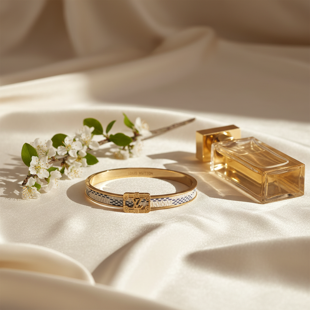 LV Damier Azur Bangle flat lay with ivory silk and white florals