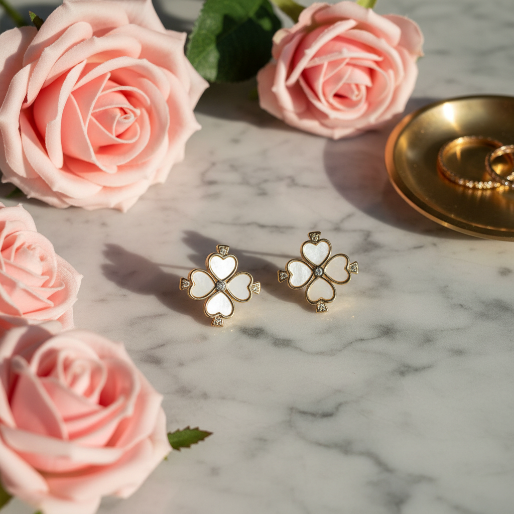 Kate Spade Legacy Logo Clover Stud Earrings - marble flatlay lifestyle