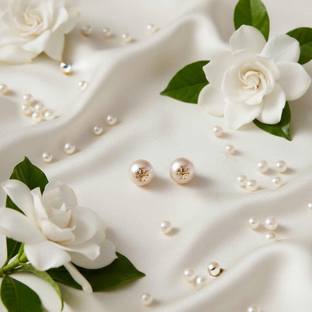Tory Burch Kira White Pearl Stud Earrings flat lay on ivory silk with pearls and gardenias