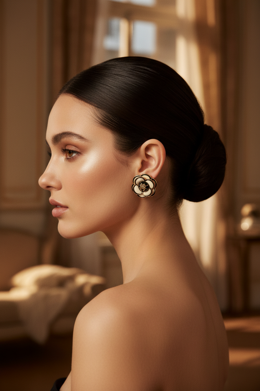 Chanel Enamel Camellia CC Logo Earrings worn with elegant updo