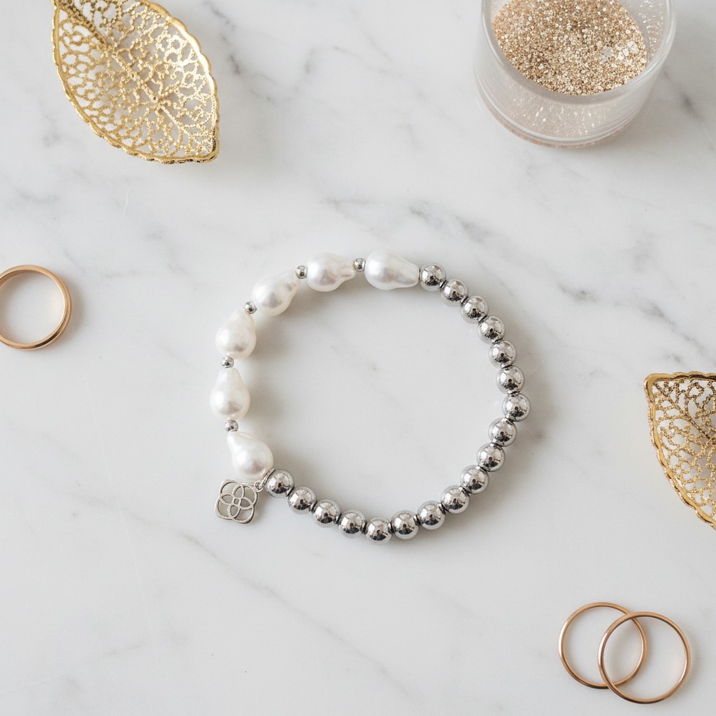 Kendra Scott Silver Stretch Metallic Bead and Baroque Pearl Bracelet - marble flat lay