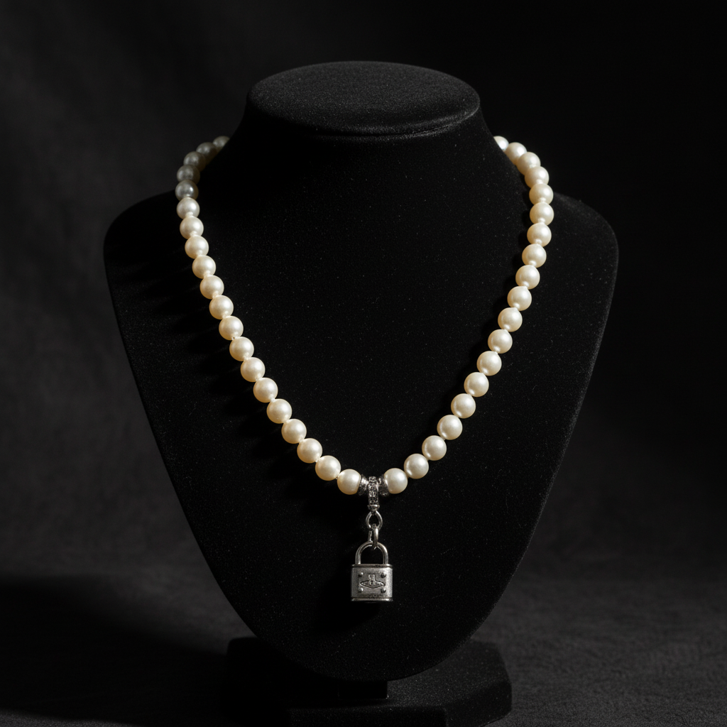 Vivienne Westwood Padlock Pearl Necklace on black velvet