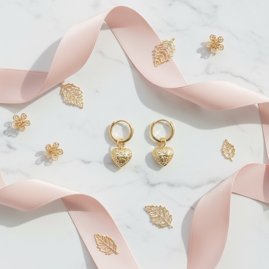 KS x LoveshackFancy Heart Huggies - white marble flat lay