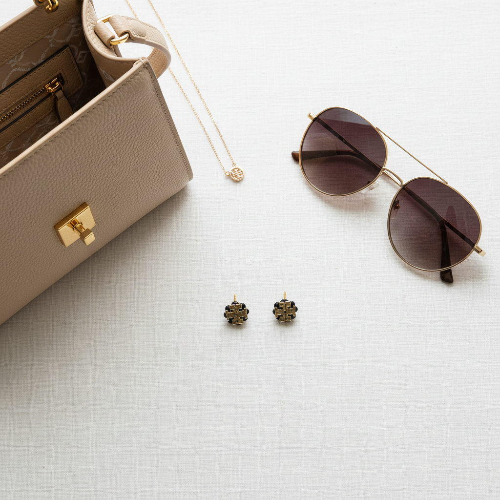 Tory Burch Logo Flower Resin Stud Earrings styled with handbag and sunglasses