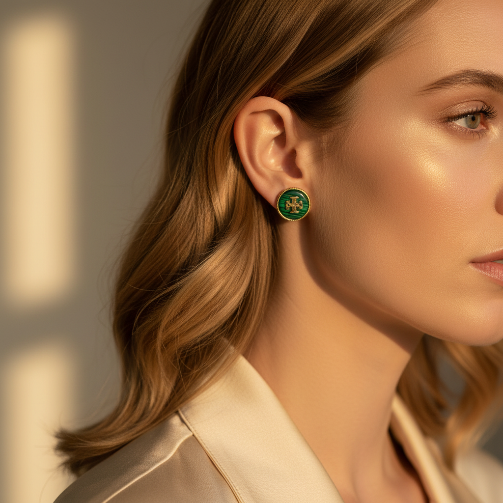 Tory Burch Malachite Stud Earrings worn on ear, warm elegant lighting