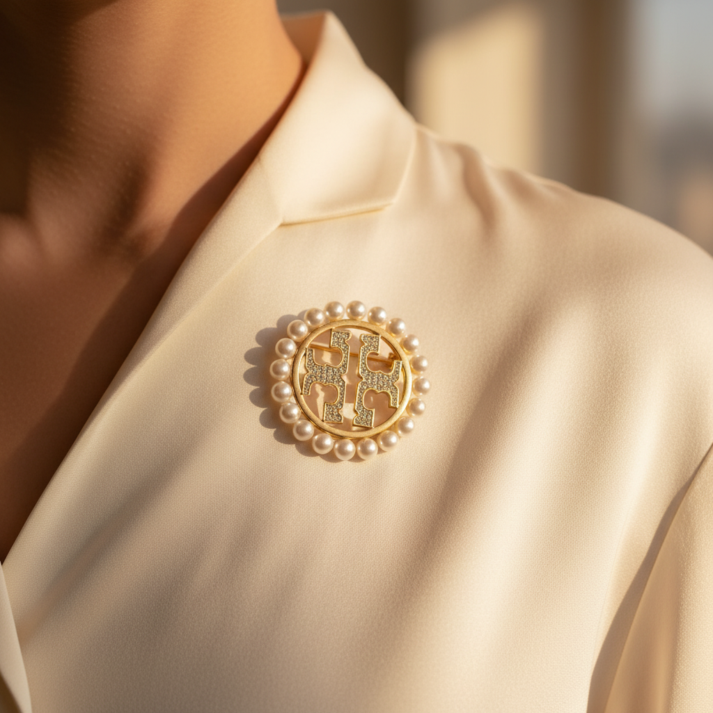 Tory Burch Miller Pearl Brooch pinned on cream silk blouse