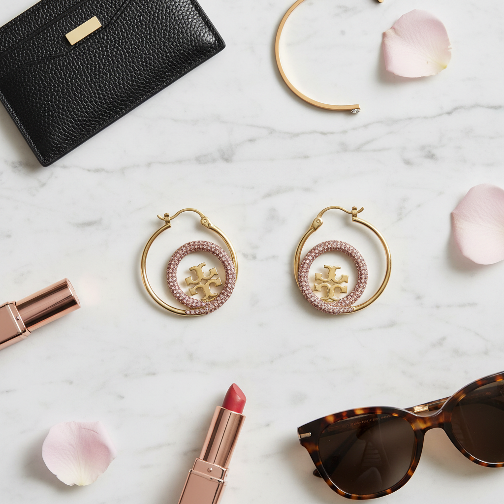 Tory Burch Open Miller Pink Pavé Hoop Earrings – marble flat lay lifestyle