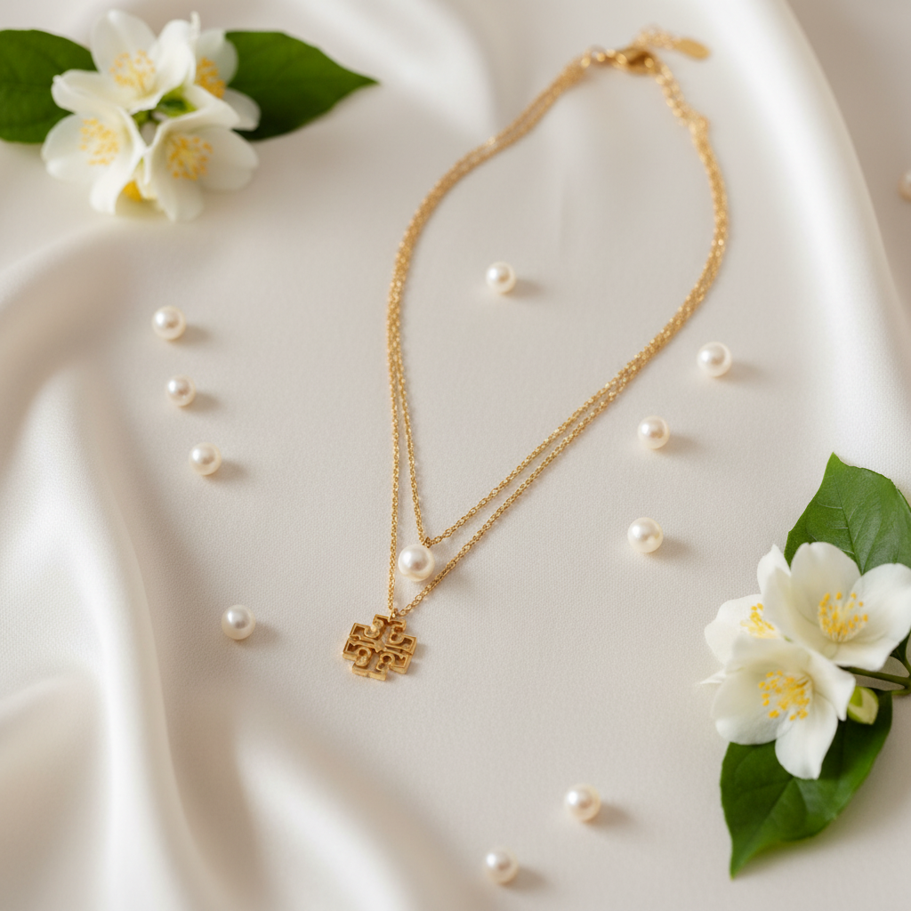 Tory Burch Britten Layered Necklace flat lay with ivory silk and jasmine
