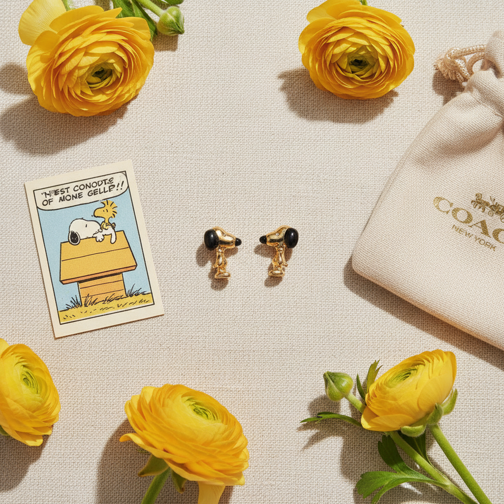Coach x Peanuts Snoopy Gold Stud Earrings flat lay with yellow flowers and Coach dust bag