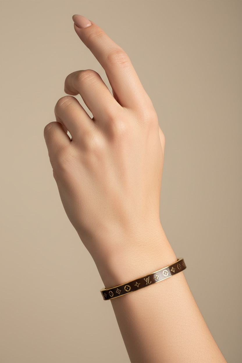 Louis Vuitton Nanogram Bracelet worn on wrist editorial
