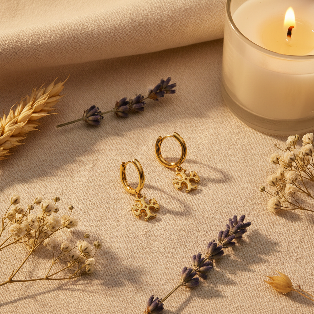 Tory Burch mini logo drop hoop earrings styled with flowers and candle