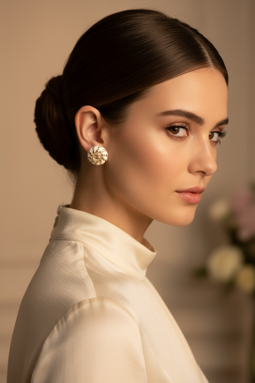Chanel CC Logo Pearl White Resin and Gold Earrings worn with chignon updo