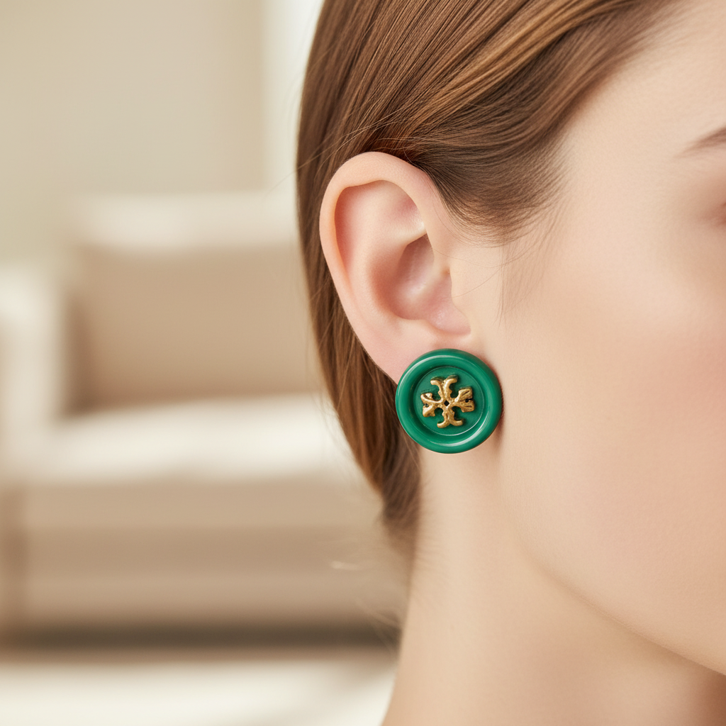 Tory Burch Roxanne Button Stud Earrings Green – macro detail lifestyle