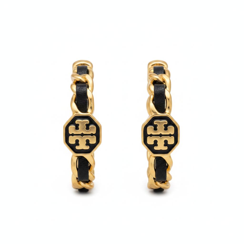 Tory Burch Marion Woven Hoop Earrings in Black/Gold