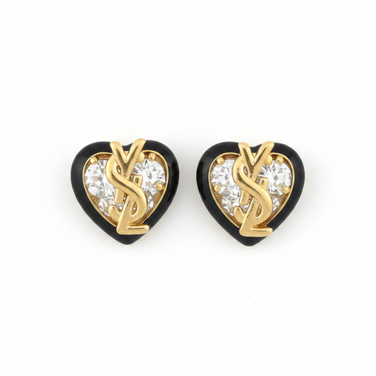 Yves Saint Laurent Logo Crystal Heart Earrings on white background
