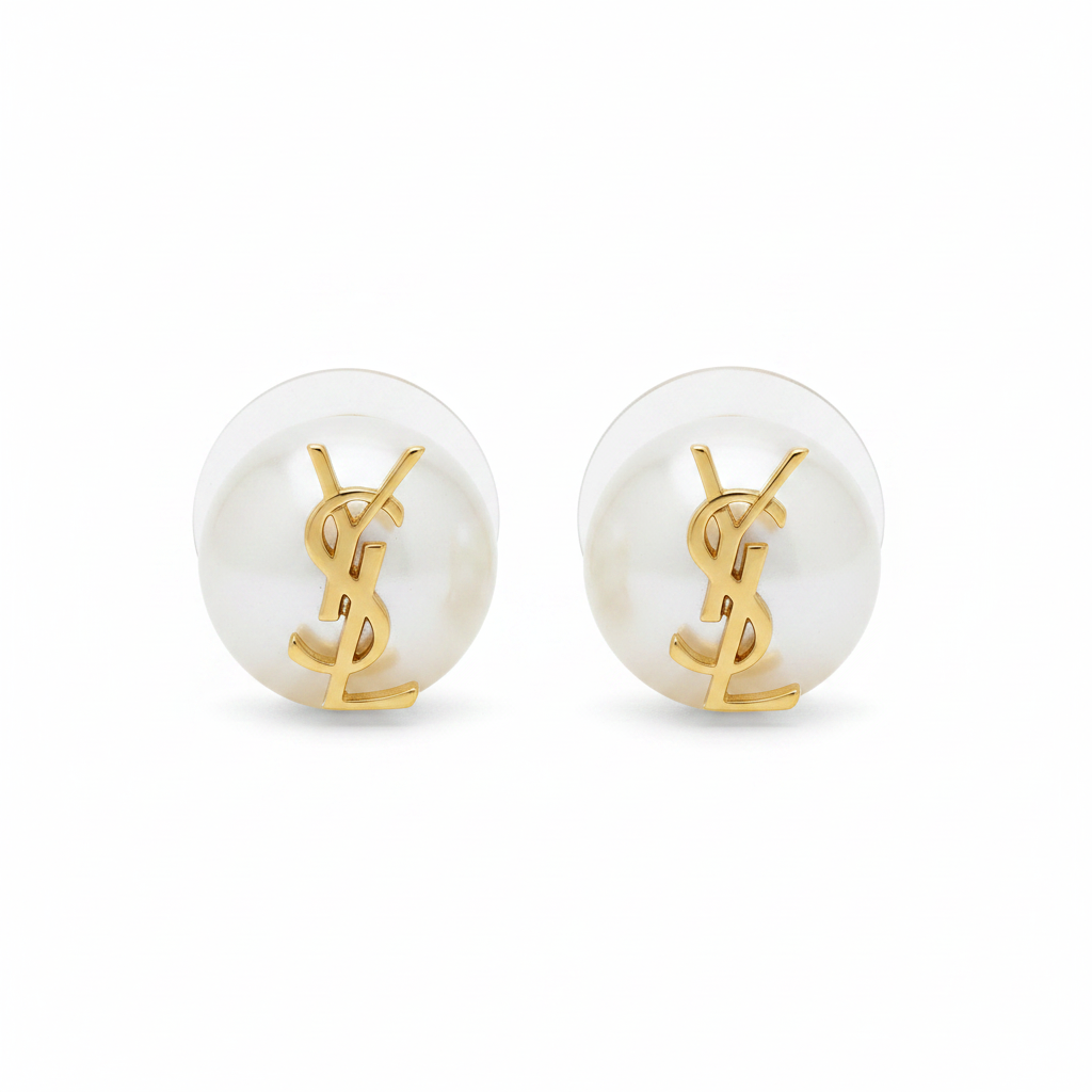 YSL Pearl Logo Stud Earrings - Clean Product Shot