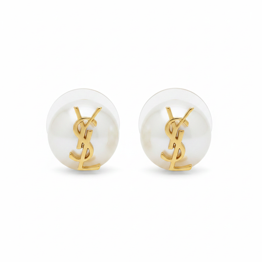 YSL Pearl Logo Stud Earrings - Clean Product Shot