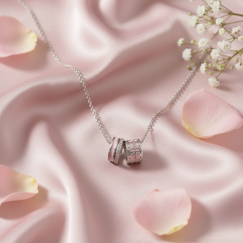 Coach Pink Signature Enamel Necklace flat lay on blush silk with pink roses