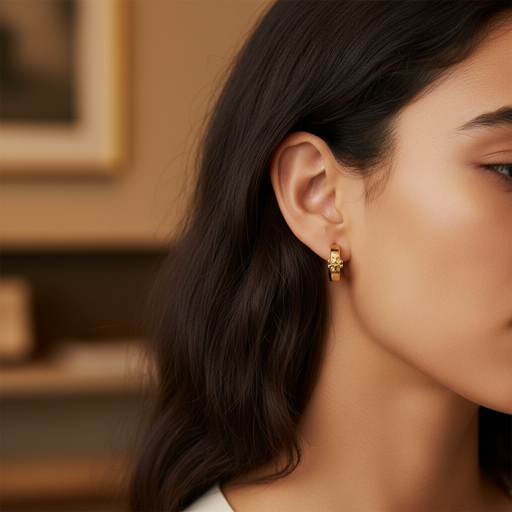 Tory Burch Icon Huggie Earrings on-ear close-up
