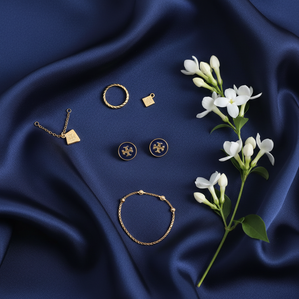 Tory Burch Kira Navy Enamel Stud Earrings flat lay on navy silk with florals
