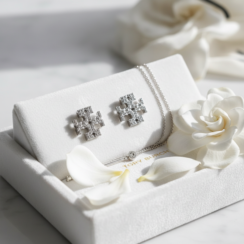 Tory Burch Kira Pavé Stud Earrings - white velvet tray