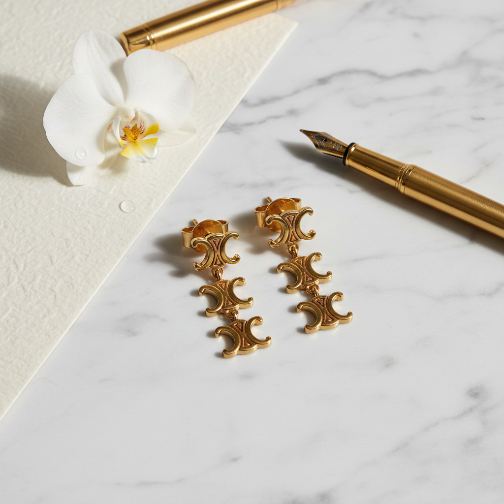 Celine Triomphe Logo Earrings marble flat lay