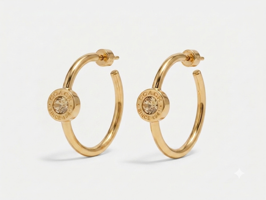 Coach New York Signature C Logo Large Hoop Earrings with Crystal Accent