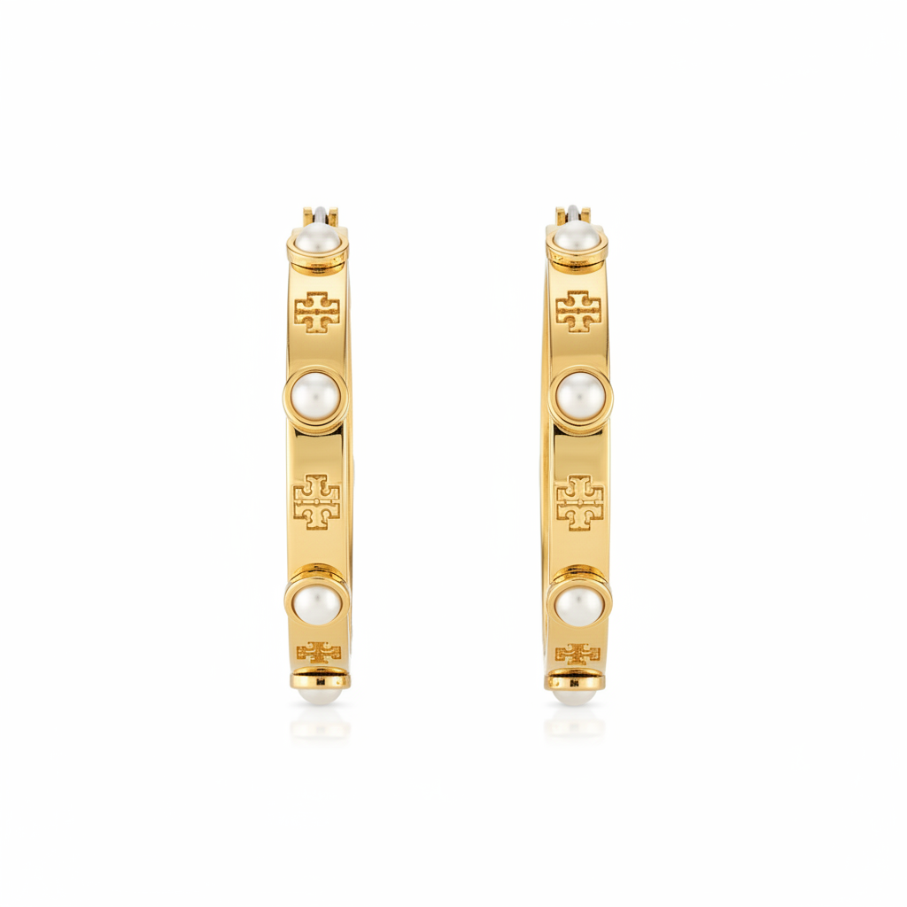 Tory Burch Miller Faux Pearl and Logo Hoop Earrings on white background