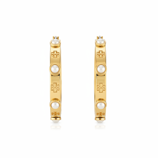 Tory Burch Miller Faux Pearl and Logo Hoop Earrings on white background