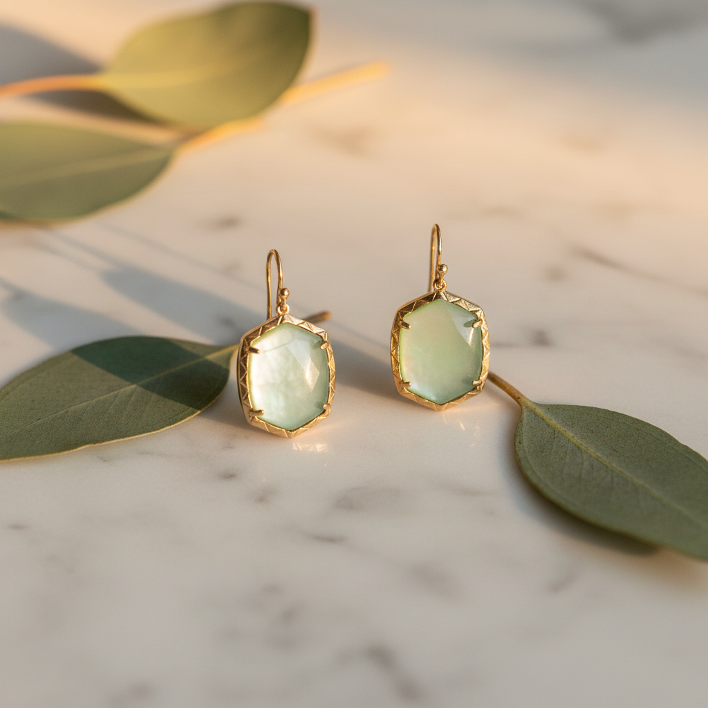 Kendra Scott Daphne Gold Drop Earrings in Light Green Mother of Pearl – marble flat lay