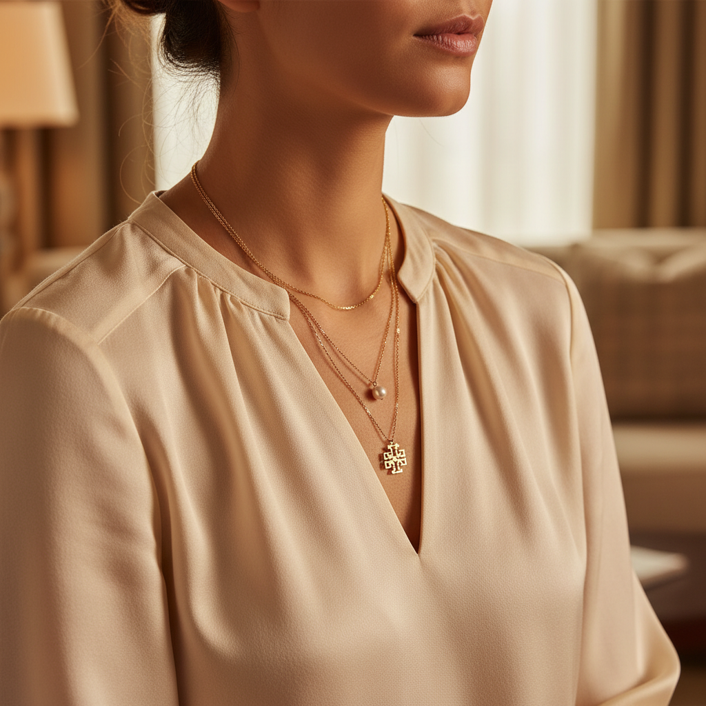 Tory Burch Britten Layered Necklace worn on neckline against cream silk