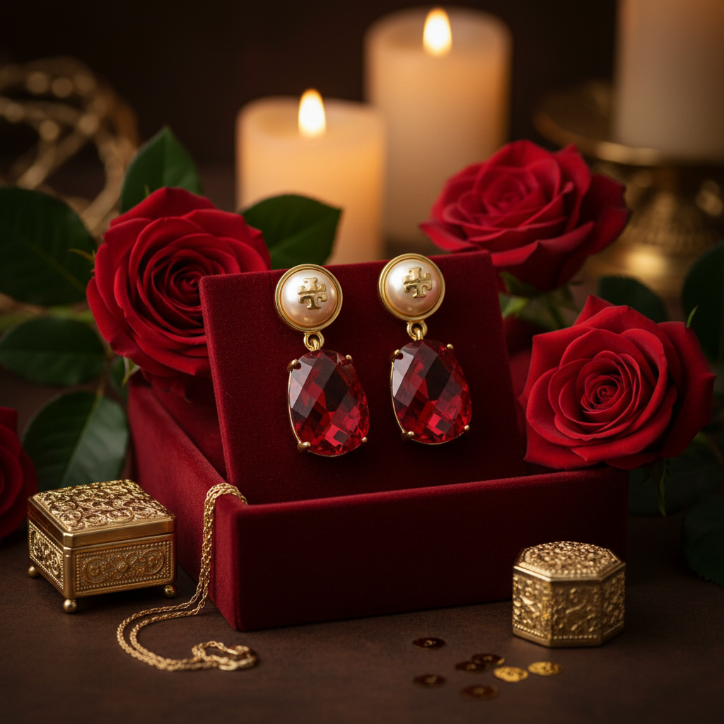Tory Burch Kira Ruby Crystal Drop Earrings - red velvet tray revised