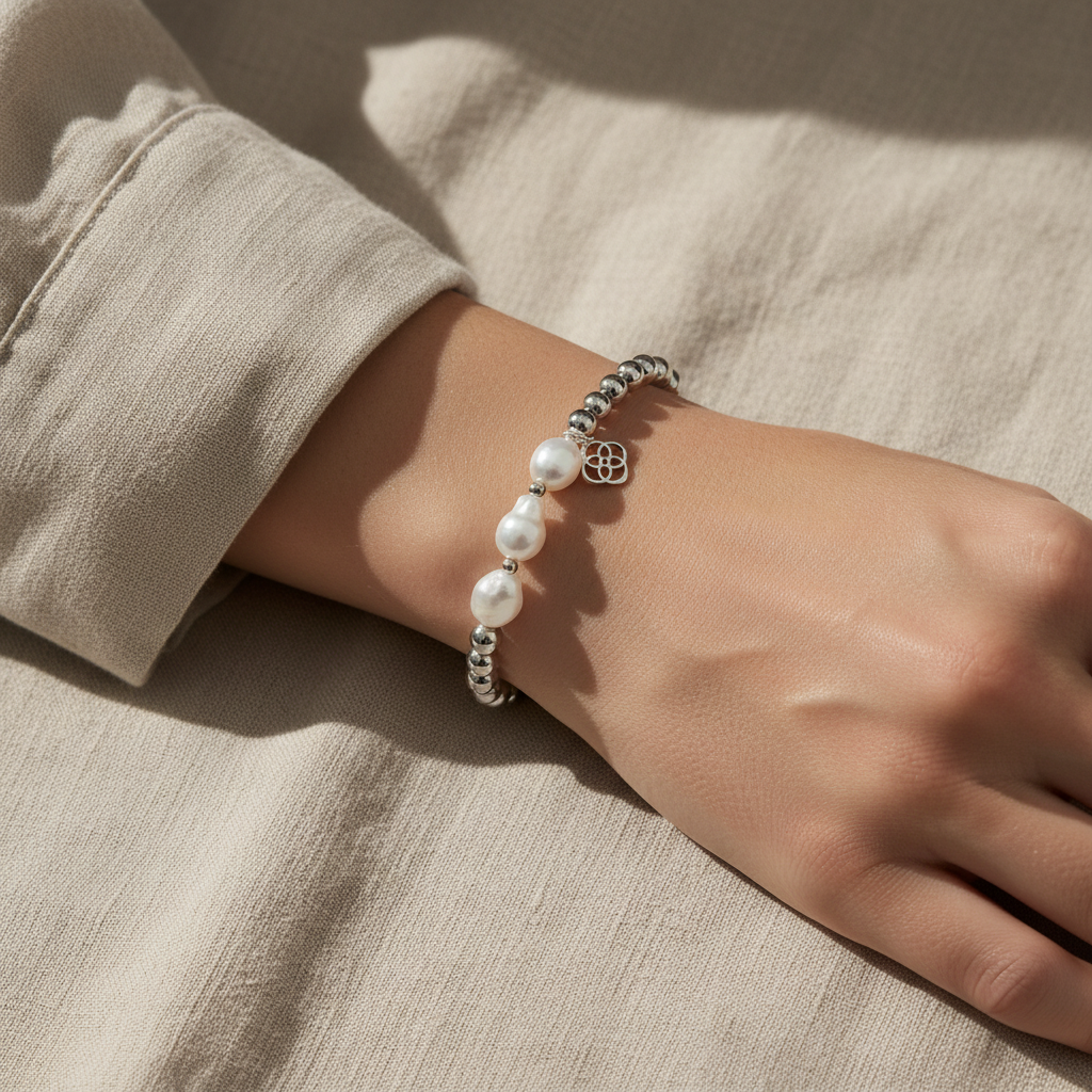 Kendra Scott Silver Stretch Metallic Bead and Baroque Pearl Bracelet - styled lifestyle
