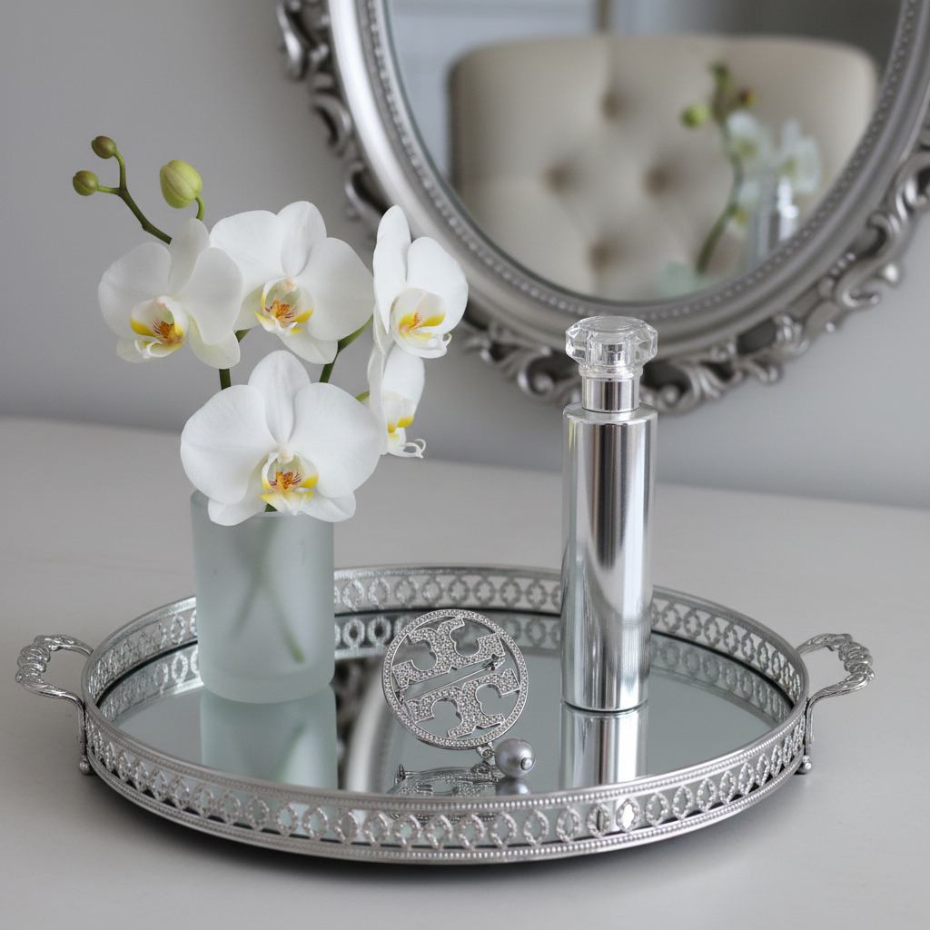 Tory Burch Miller Silver Pave Brooch vanity tray with silver perfume and orchids
