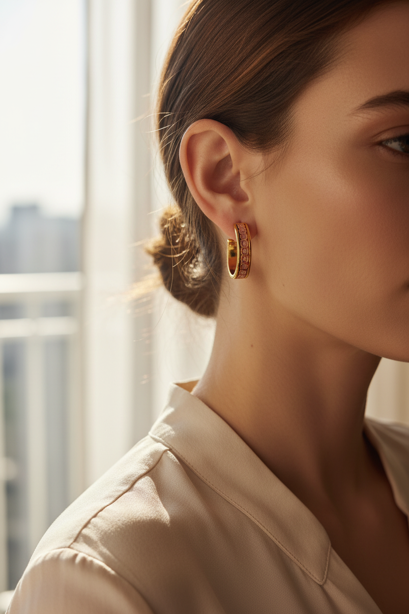 Coach multicolor hoop earrings worn on ear