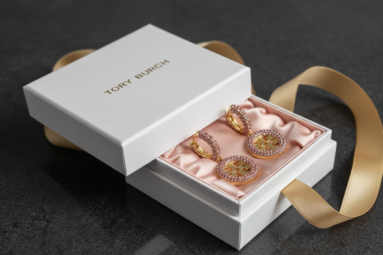 Tory Burch Miller Pavé Hoop Earrings in Gold/Pink Crystal - blush satin gift box