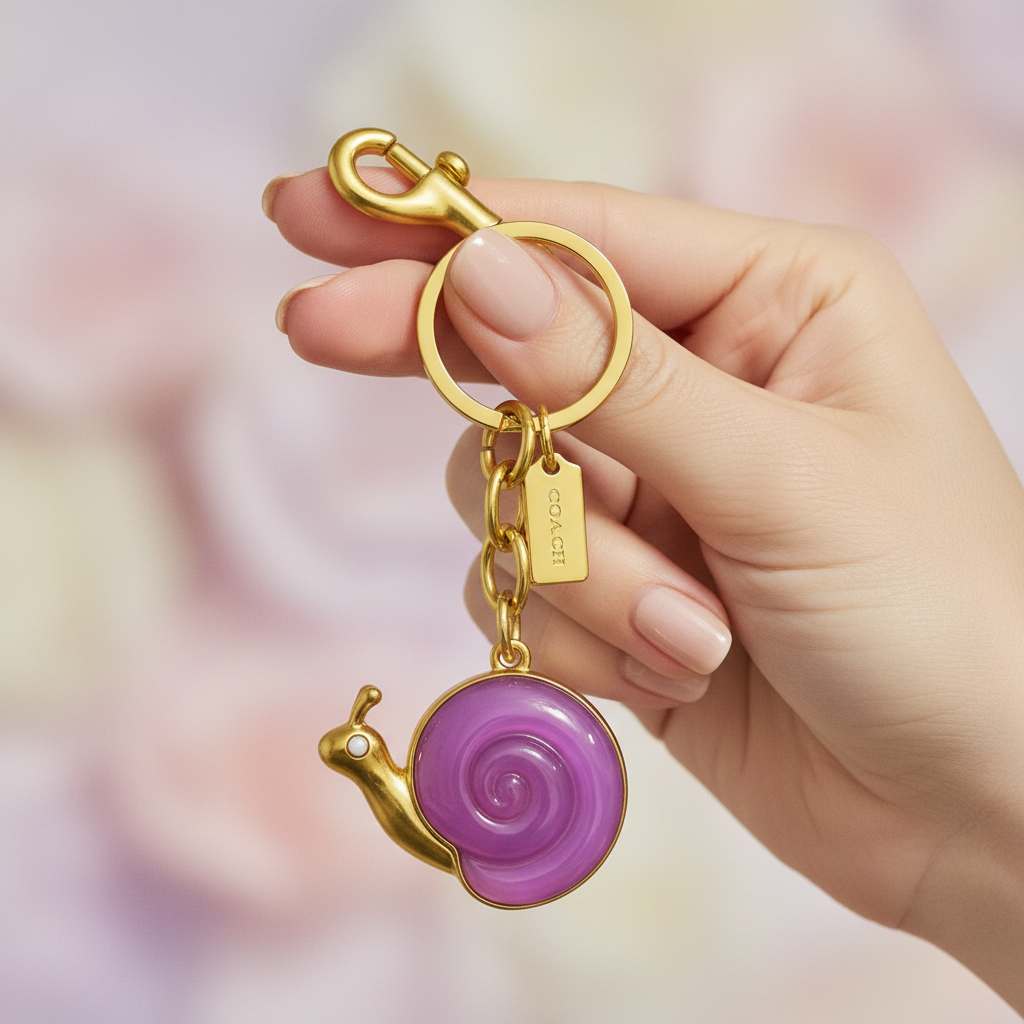 Coach Snail Bag Charm held in hand, editorial close-up