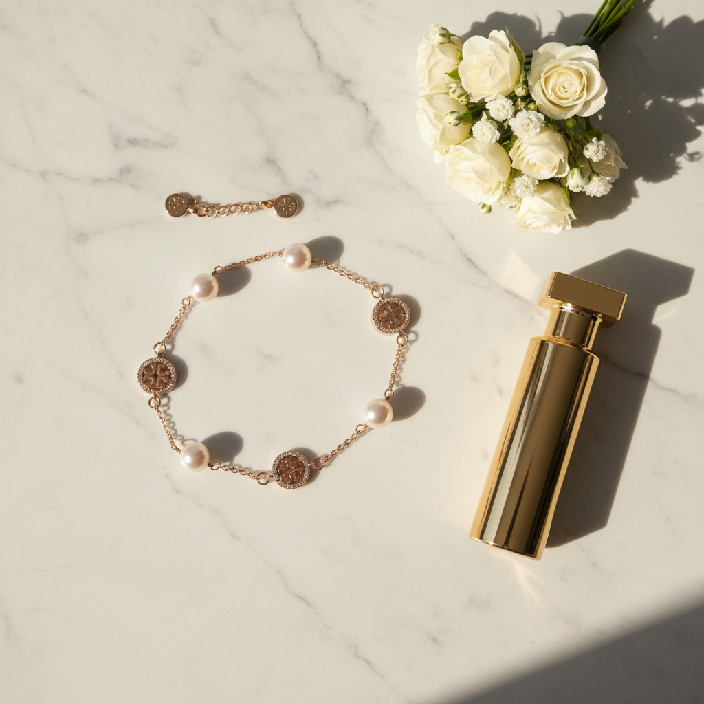 Tory Burch Pearl & Pave Crystal Bracelet in Rose Gold - lifestyle shot 2